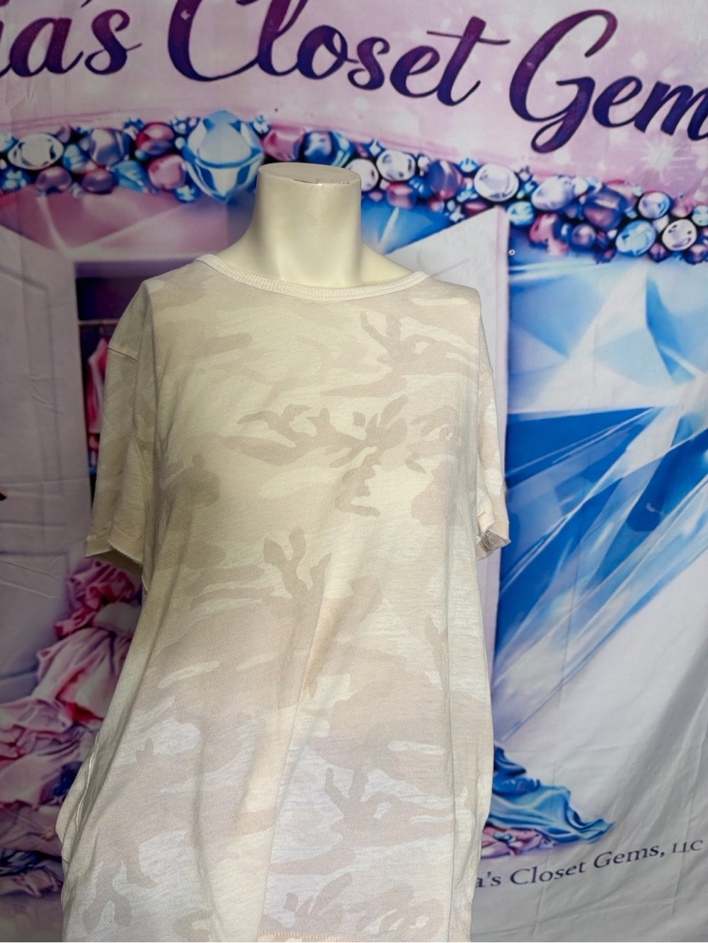 Free People Cream Camo Short Sleeve Tunic